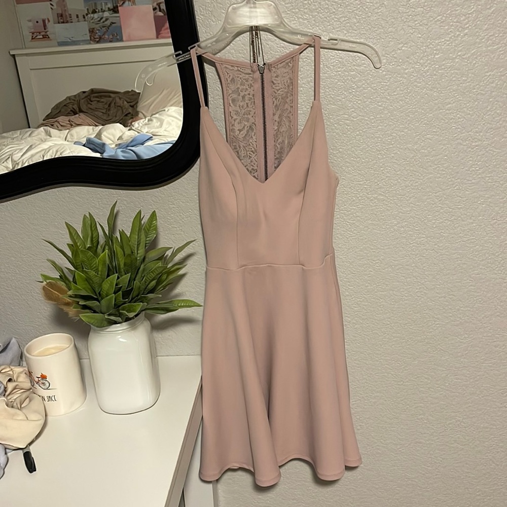 light pink lace back homecoming dress